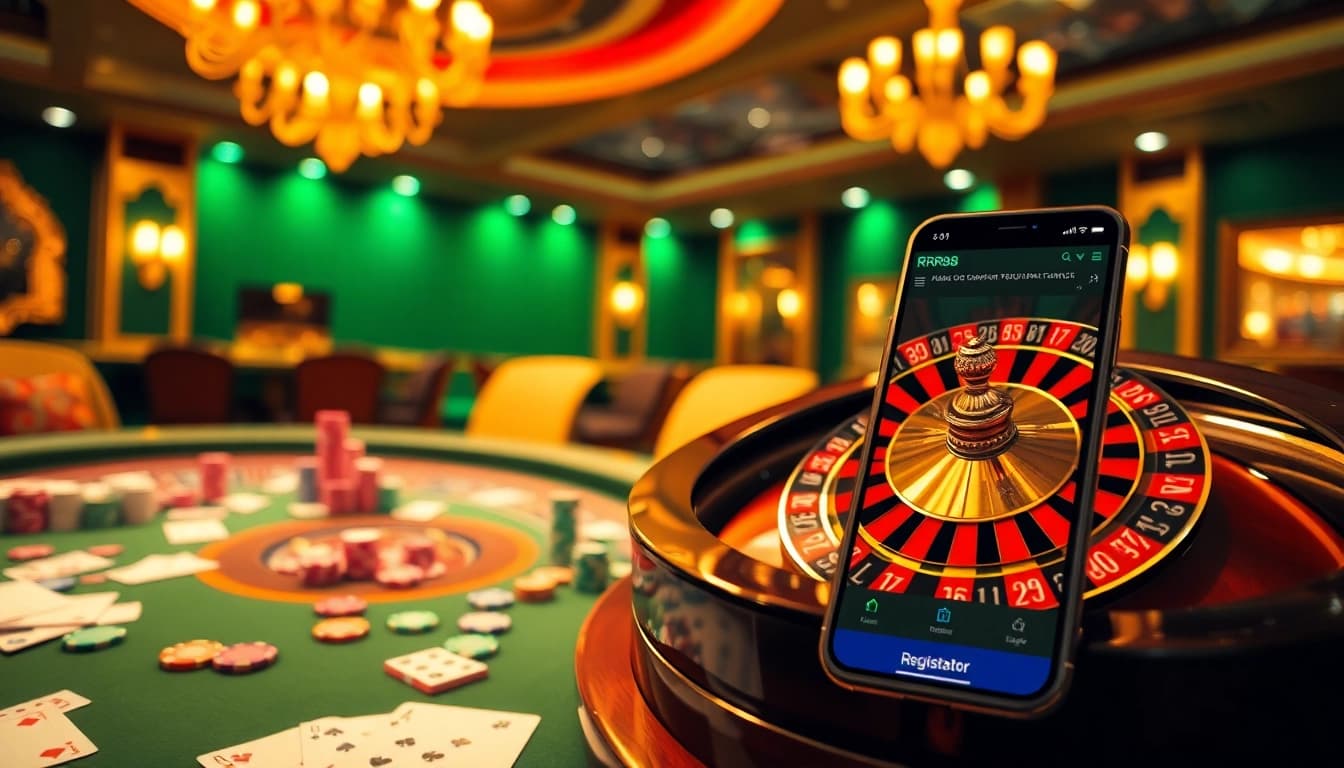 Engage in the thrilling world of đăng ký RR88 at this luxurious casino scene with roulette and poker elements.
