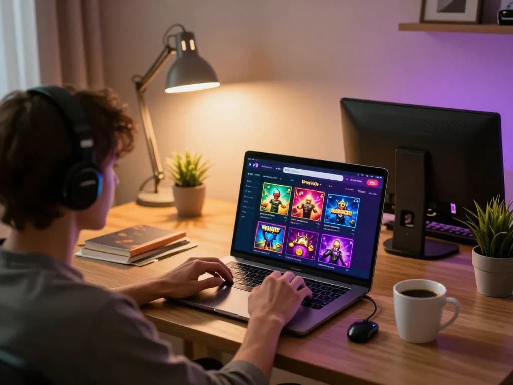 Engaging with the bayvip casino app on a laptop, showcasing diverse gaming options in a cozy home setup.