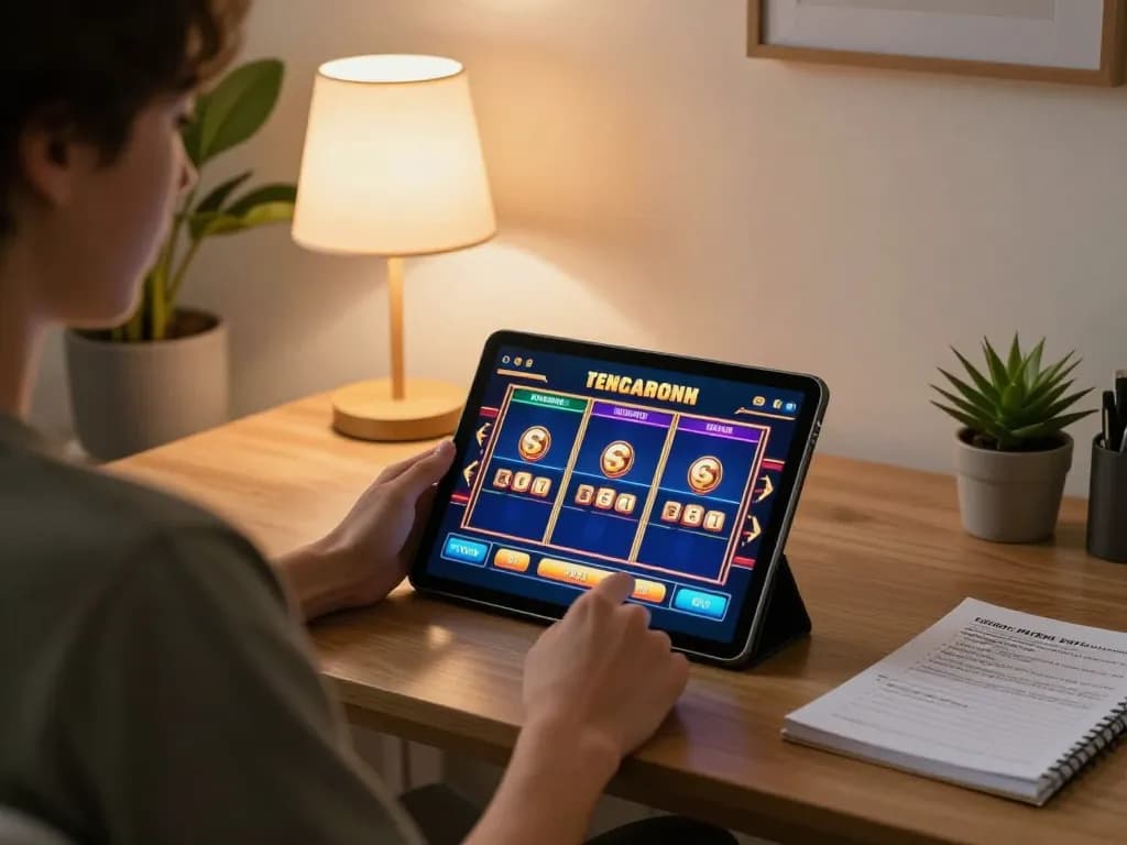 Terlibat dalam slot gacor hari ini, seorang pemain merumuskan strategi sambil menikmati permainan online di rumah.