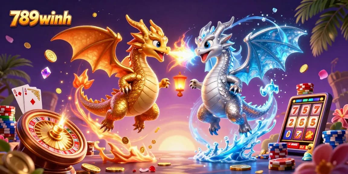 Engage with the thrilling world of 789winh through a captivating 3D illustration featuring dragons and casino game elements.