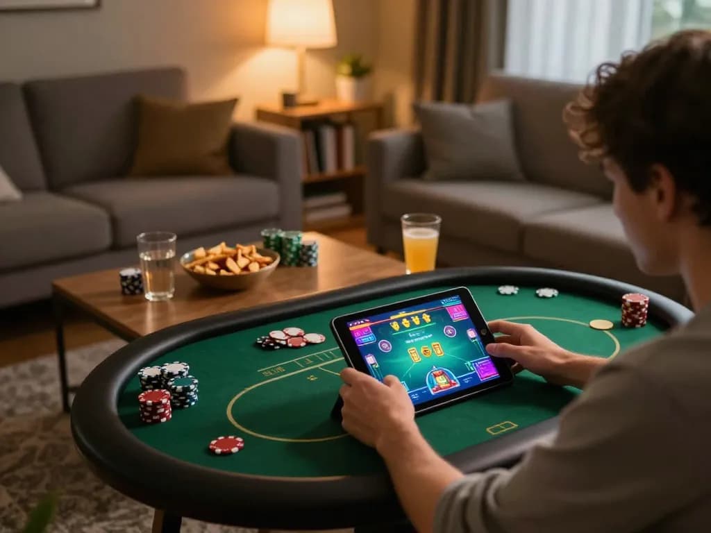 Engaging in đăng nhập 789win through a tablet in a cozy home setting, showcasing a vibrant poker game.