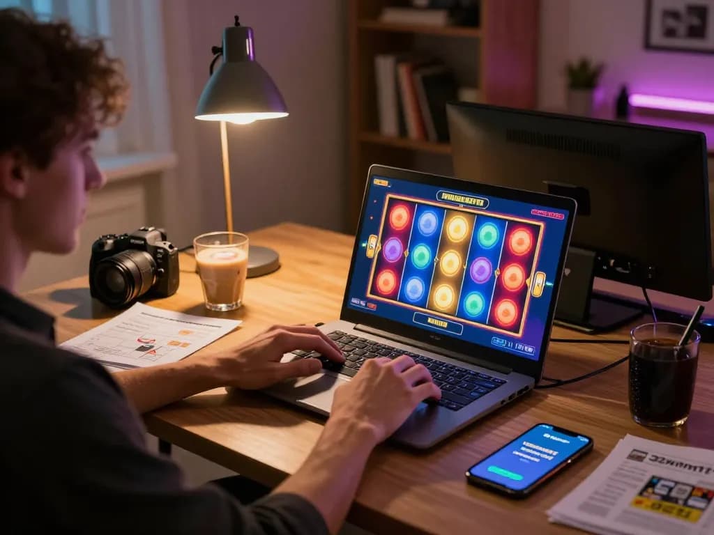 Engaging with 32win11 online slots on a laptop in a cozy home office setup.