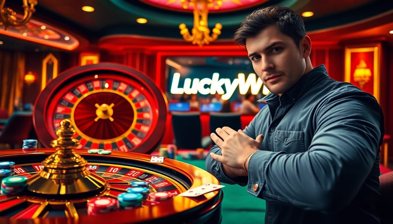 Excited player strategizing at LuckyWin's vibrant casino table with cards and chips.