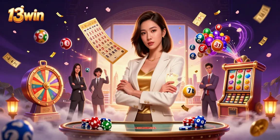 Engage with 13win's vibrant casino world featuring a powerful Asian woman and exciting game elements.