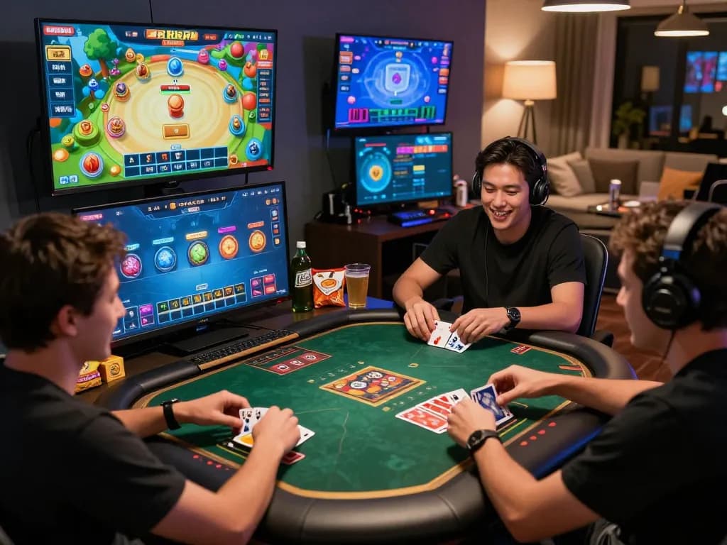 Engaged players experiencing bomwin online gaming platform with competitive card games.