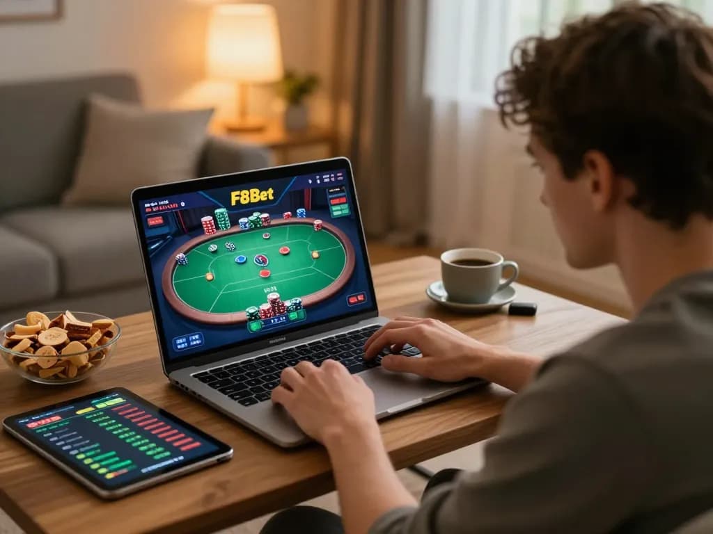 Player engaged in poker on f8betz platform in cozy home setup