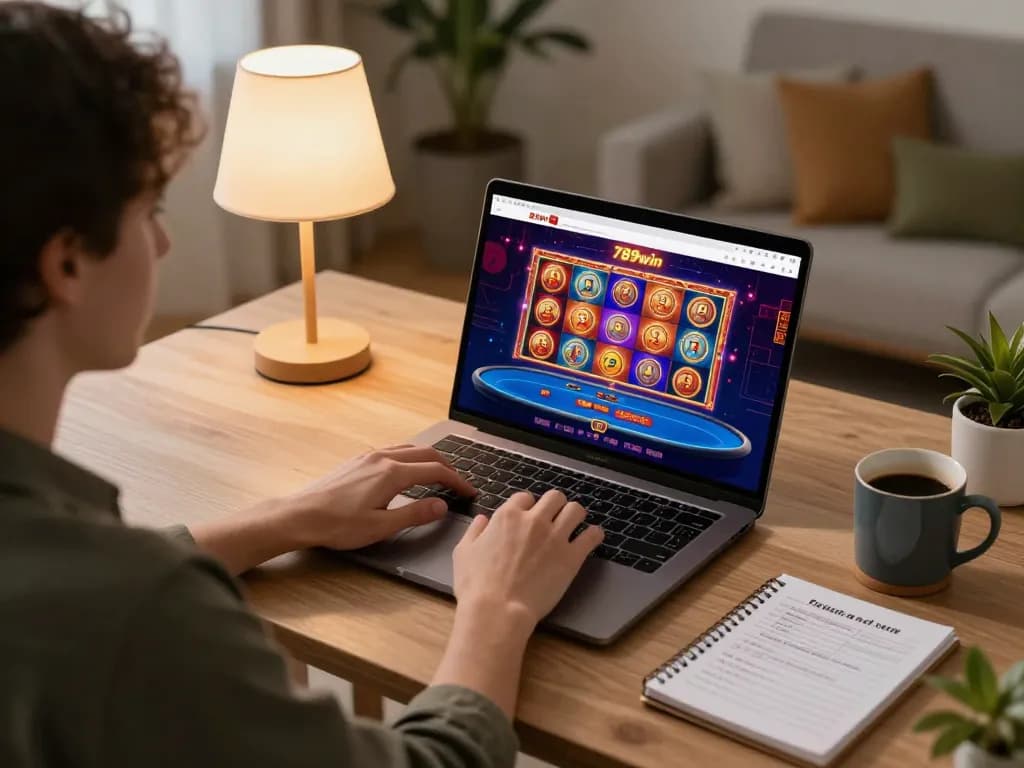 Player enjoying exciting online casino games on 789win platform at home, showcasing a cozy and strategic gaming setup