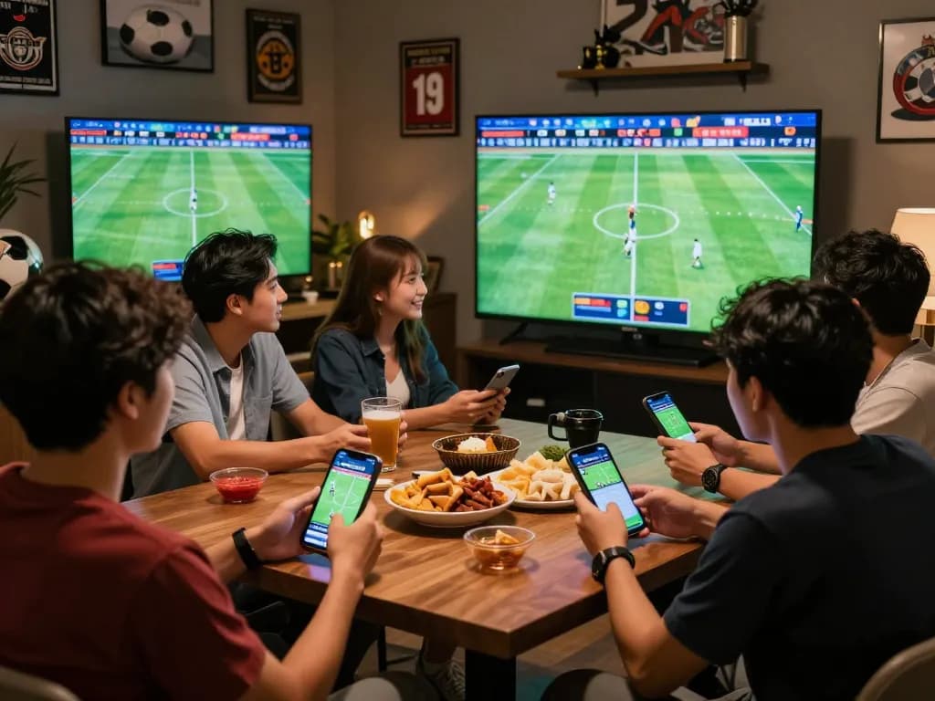 Friends enjoying sports betting together while using the nhandinhkeonhacai app to check odds and strategies.