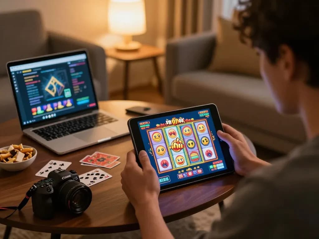 Player enjoying nổ hũ gaming on tablet at home with cozy atmosphere and strategic elements visible.