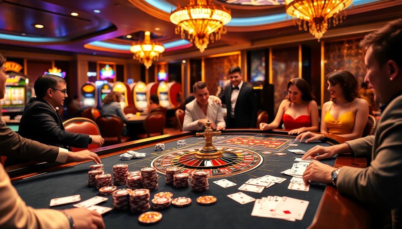Players enjoying an exhilarating game at a GO88 casino table with poker chips and cards.