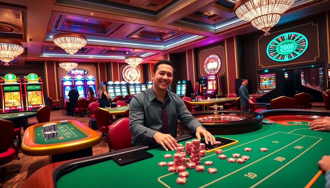 Players enjoying games at nhà cái kim88 in a luxurious casino setting, showcasing excitement and professionalism.