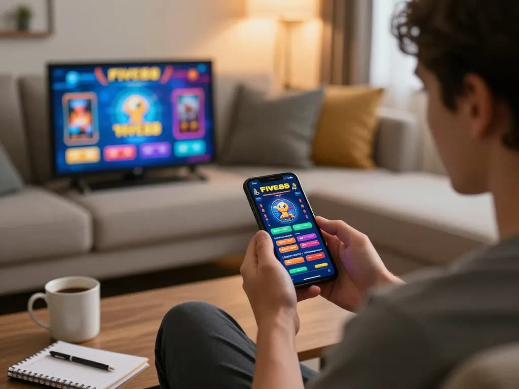 Engaged player using the Nhà cái FIVE88 app for online gaming on a smartphone in a cozy environment