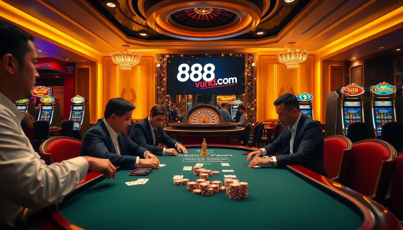 Engaged gamblers playing poker at a luxury casino featuring the dynamic 888vnd com.