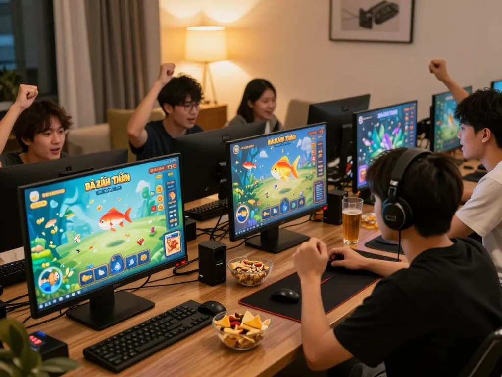 Bắn Cá Đổi Thưởng gameplay with players cheering in a cozy home setting, showcasing excitement.