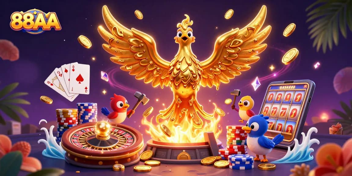 Experience the excitement of 88AA with vibrant gold and game elements in this dynamic casino illustration.
