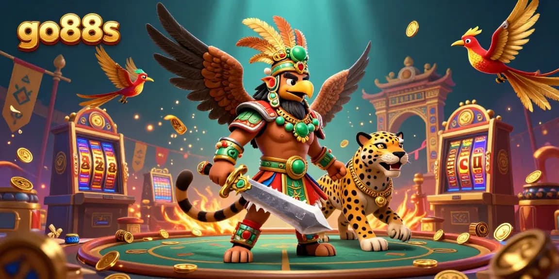 Engage in gaming excitement with go88s' vibrant casino scene featuring slot machine reels and dynamic golden elements.