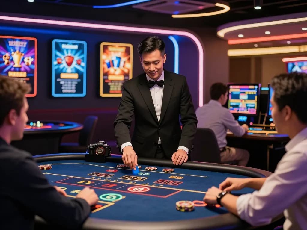 33 win vibrant casino scene with professional dealer and excited players, showcasing online gaming atmosphere.