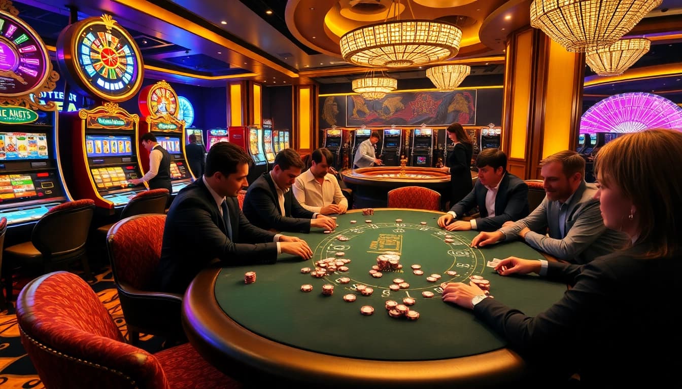 Experience the thrill of gaming action at https://mtr888.com/ featuring a luxurious poker table and lively slot machines.