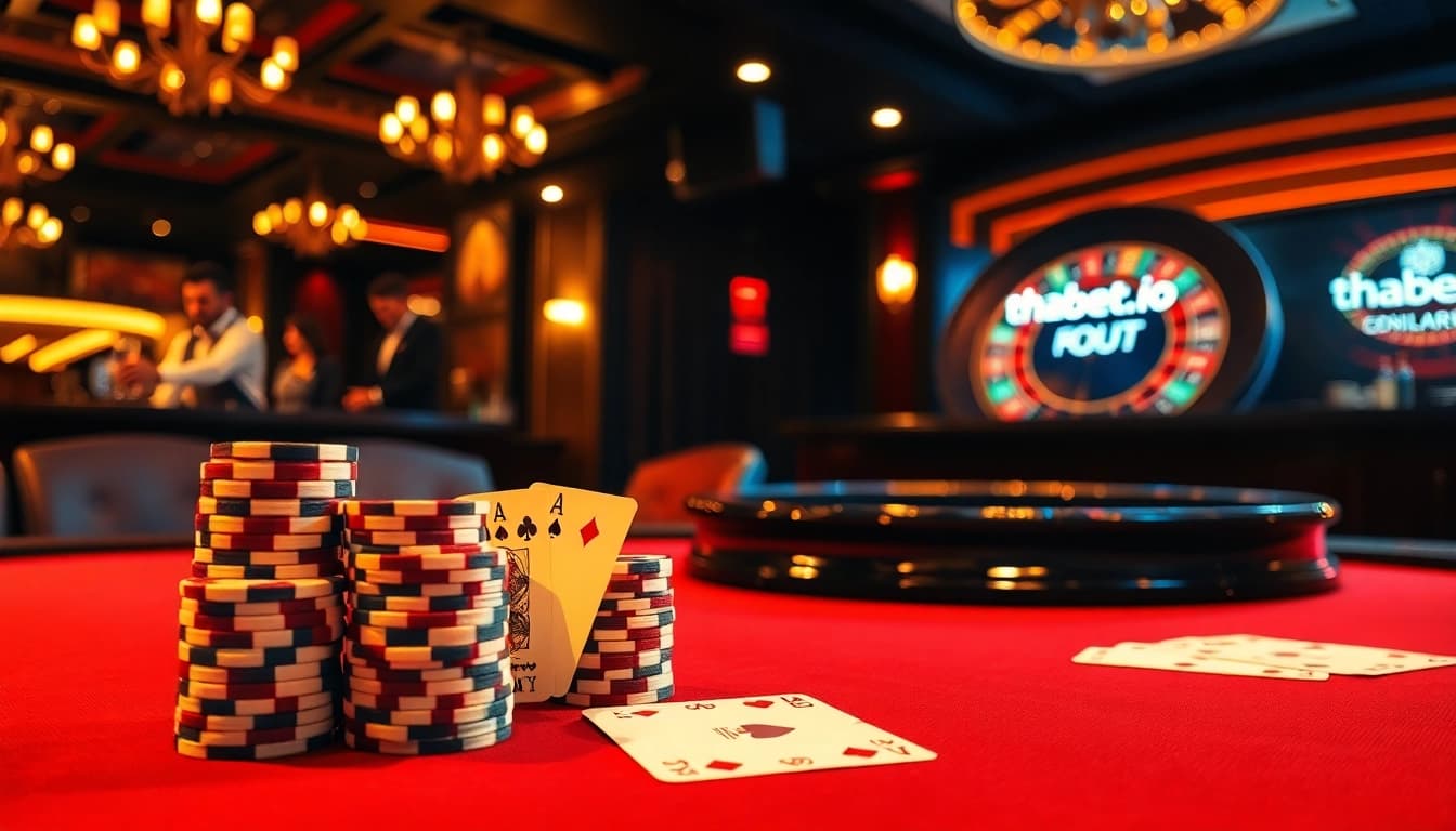 Experience high-stakes gaming at thabett.io with a luxurious poker table and vibrant casino elements.