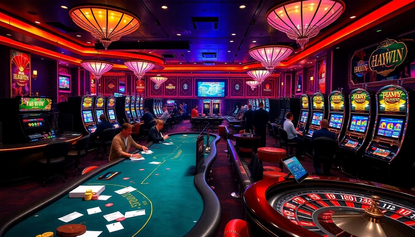 Experience the excitement of gambling at Haywin, featuring vibrant poker tables and modern slot machines.