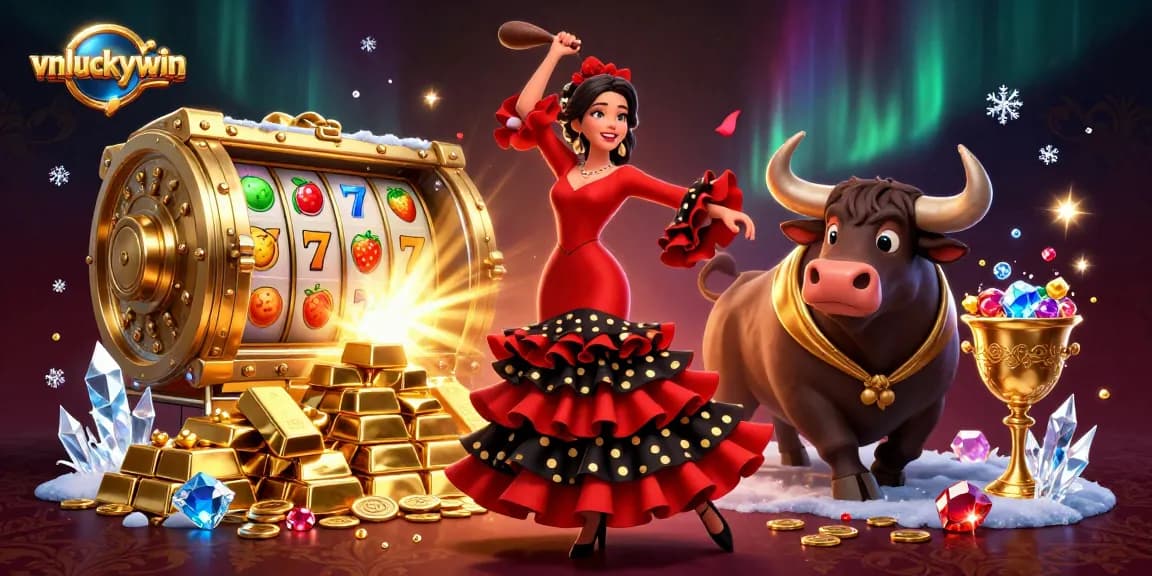 Experience thrilling slots at vnluckywin with a vibrant scene featuring a flamenco dancer and a golden bull.