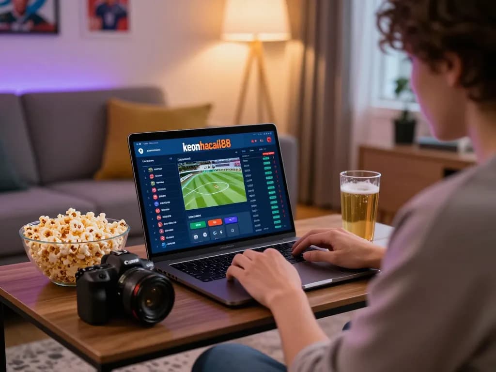 A person engaging with the keonhacaii88 betting platform on a laptop in a cozy living room.