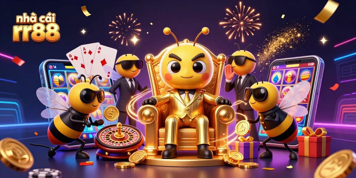 Experience the vibrant excitement of nhà cái rr88 with a dynamic 3D illustration of a cartoon casino scene.