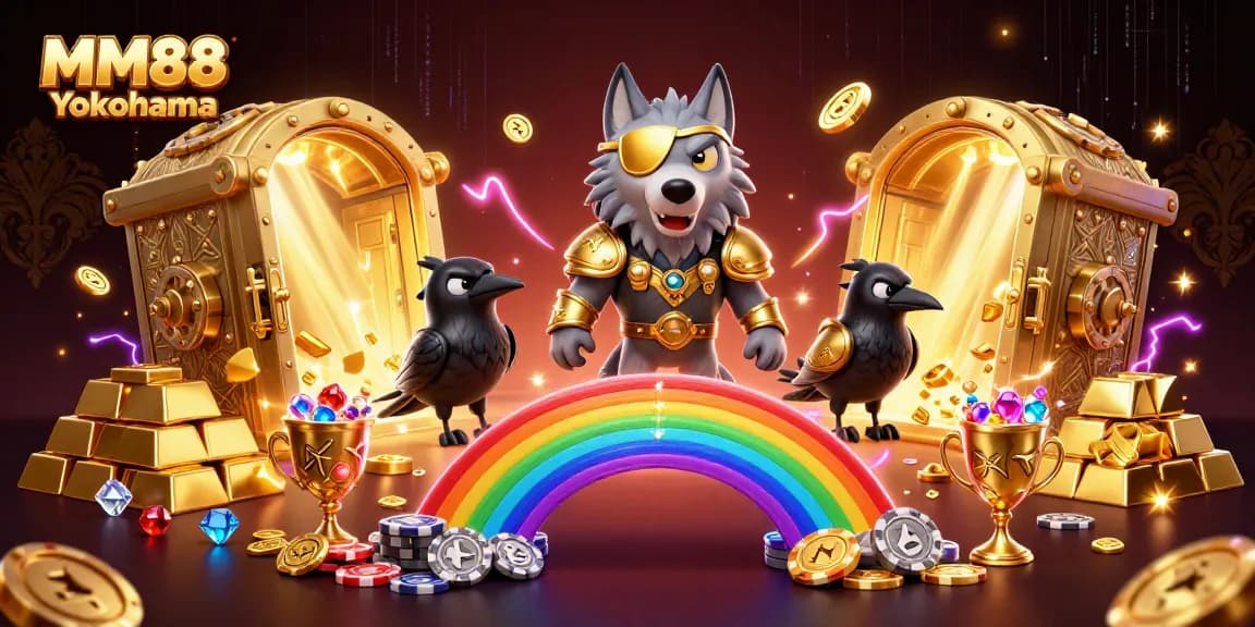 Win big with MM88 Yokohama's cartoon-inspired magical casino scene showcasing vibrant treasures and glowing elements.