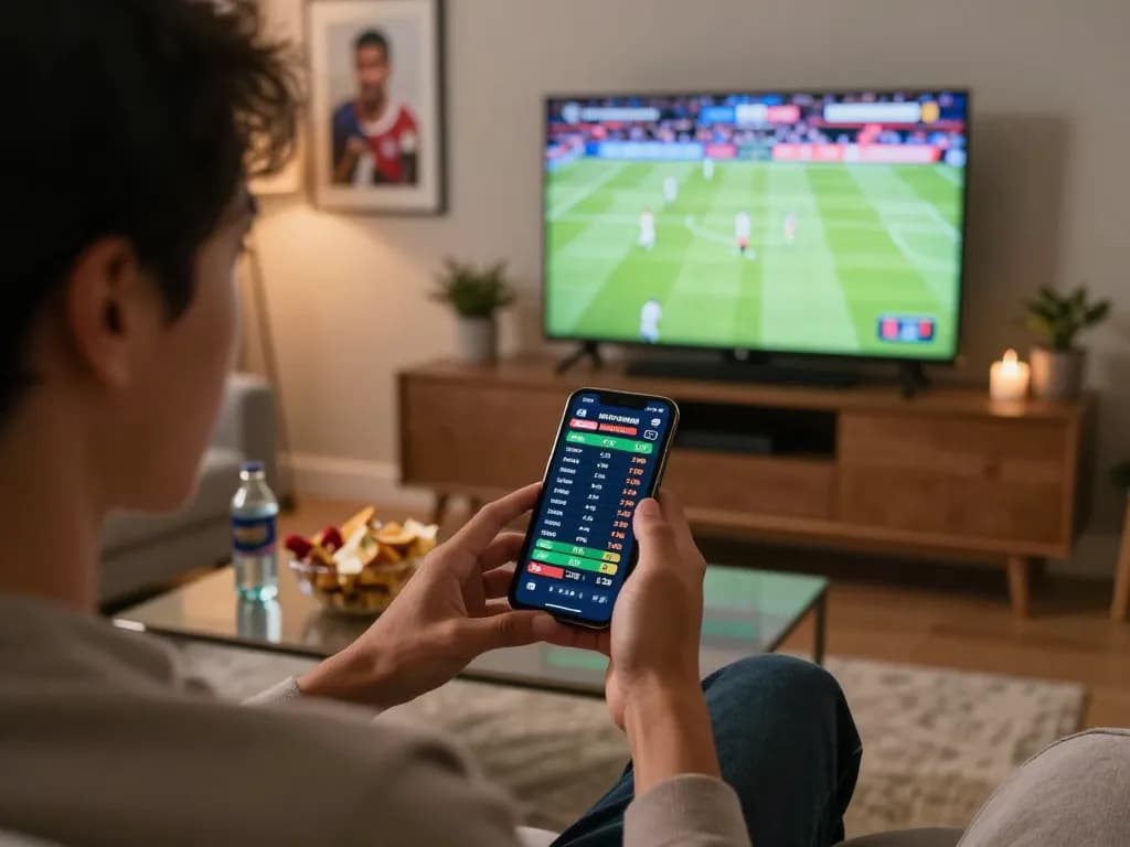 Engaged player using bsport app for live sports betting, focusing on strategic odds.