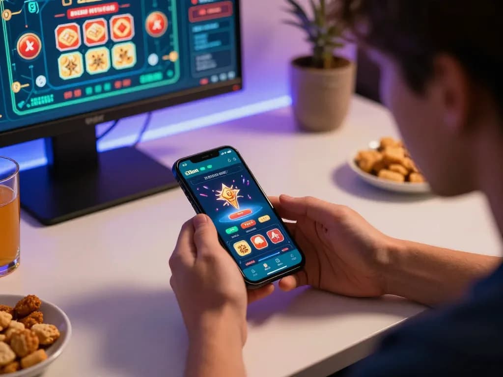 Engaging player utilizing E2bet mobile app for online gaming, showcasing excitement and strategy