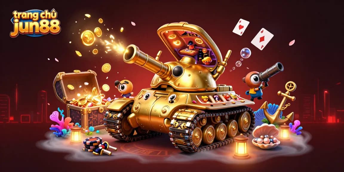 Engaging scene showcasing trang chủ jun88 with a golden beetle tank revealing a miniature casino and festive elements.