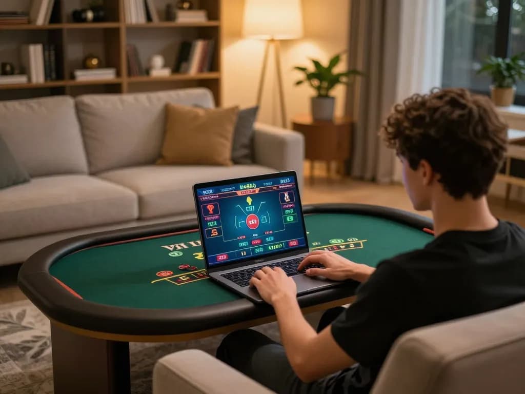 Player engaging in live blackjack game at home for bj88bj, showcasing online gambling experience.