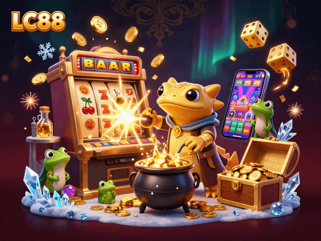LC88 casino scene with golden salamander alchemist and jackpot slot machine bursting coins.