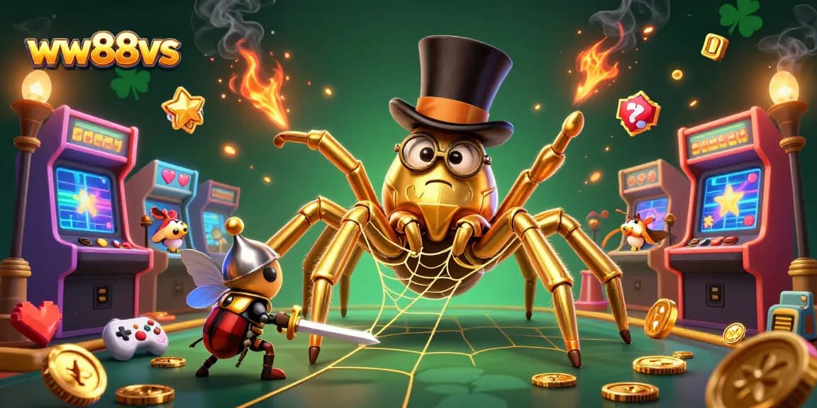 Experience thrilling gameplay at ww88vs with a vibrant 3D illustration of a golden tarantula and knights.