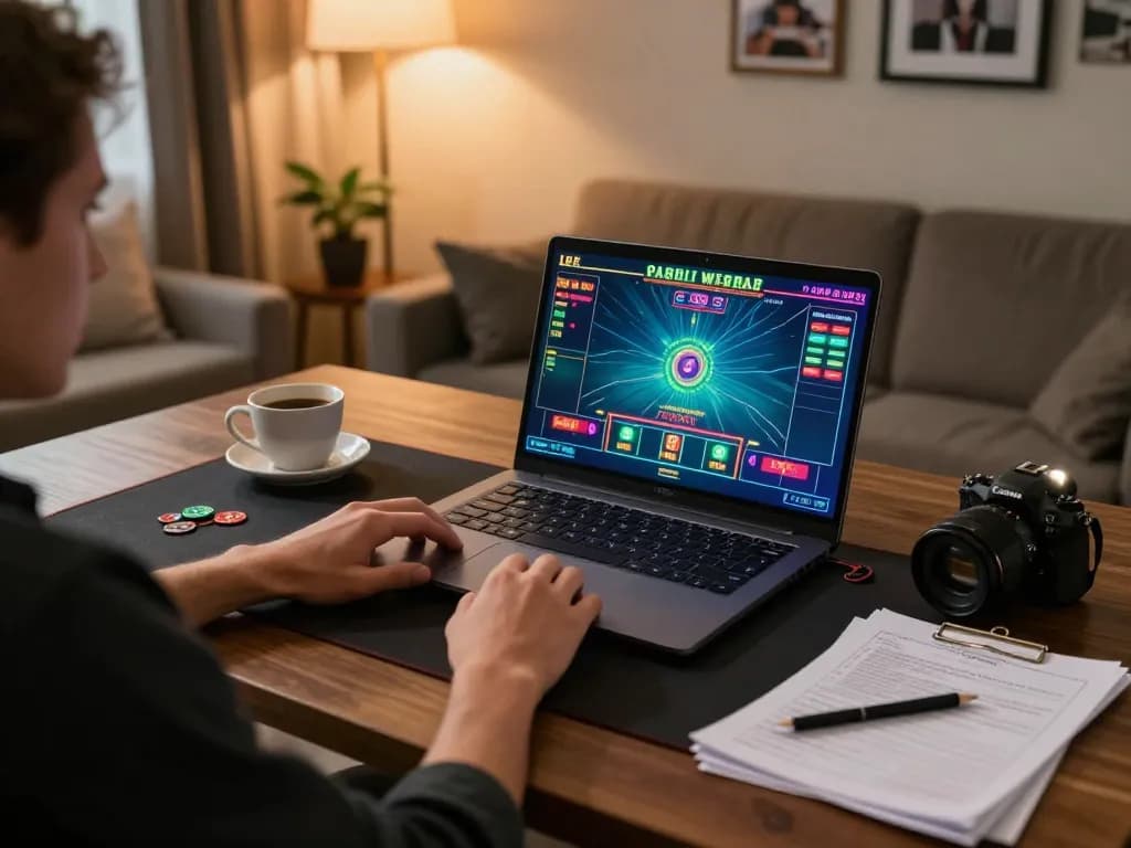Engaged player enjoying TR88 live dealer baccarat on a laptop, showcasing a strategic gaming setup.