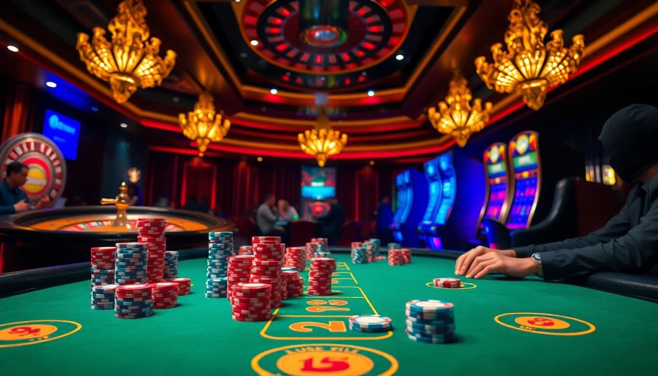 Engaging poker gameplay scene at 98win com casino, featuring vibrant chips and intense player focus.