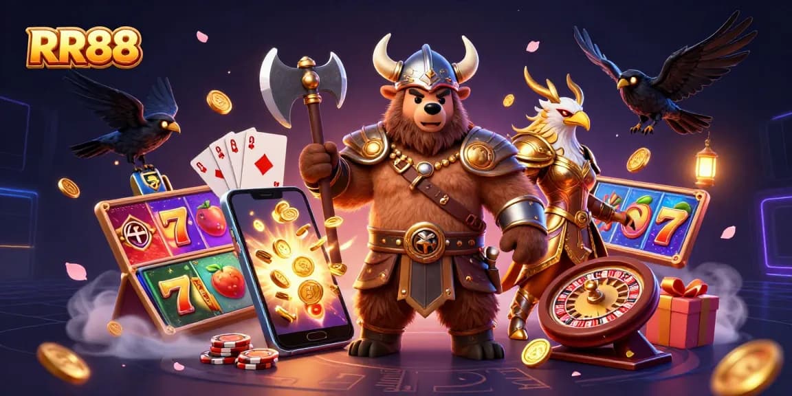 RR88 transforms the gaming experience with an epic 3D casino scene featuring vibrant slots and iconic characters.