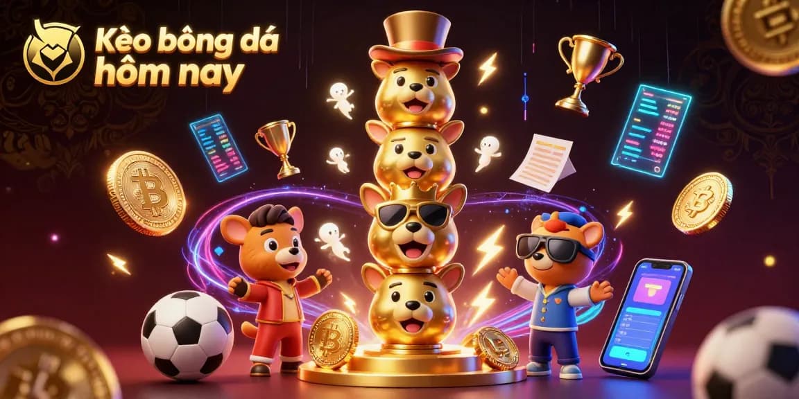 Kèo bóng đá hôm nay offers dynamic sports betting excitement with animated totem pole and vibrant crypto elements.