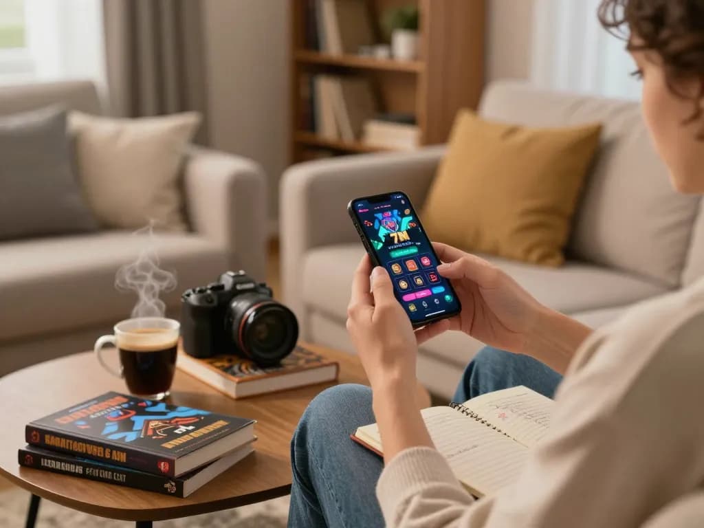 Person using the 7M casino app on their smartphone in a cozy living room.