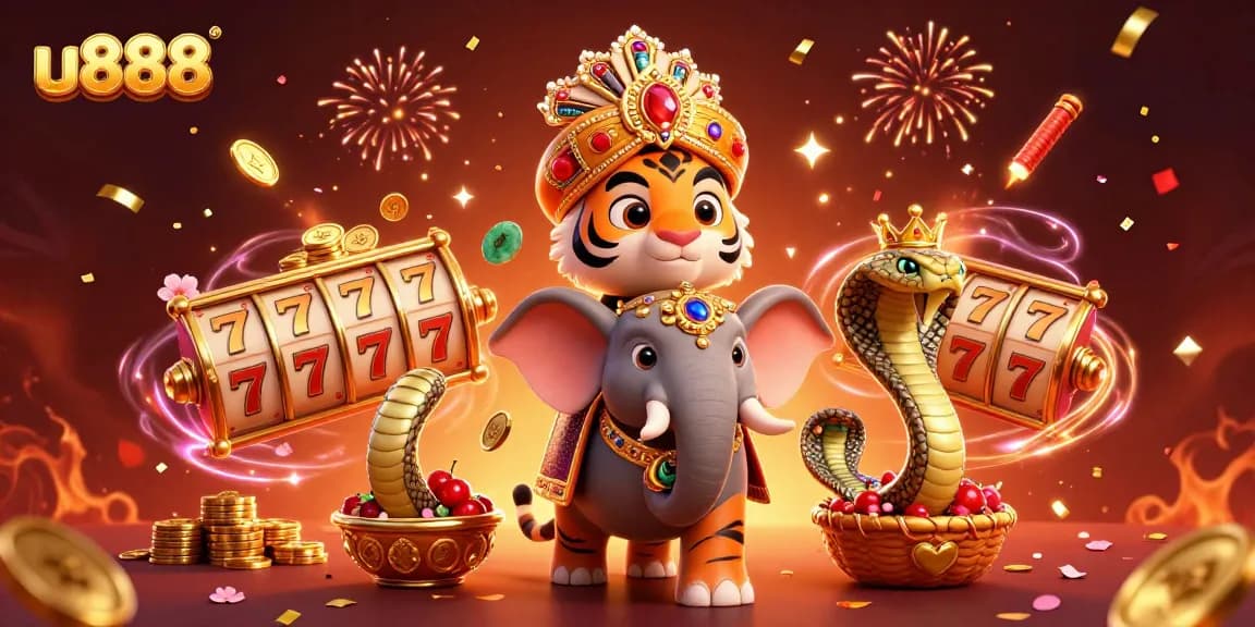 Experience the thrill of u888 with a vibrant 3D casino illustration featuring a maharaja, elephant, and lucky symbols.
