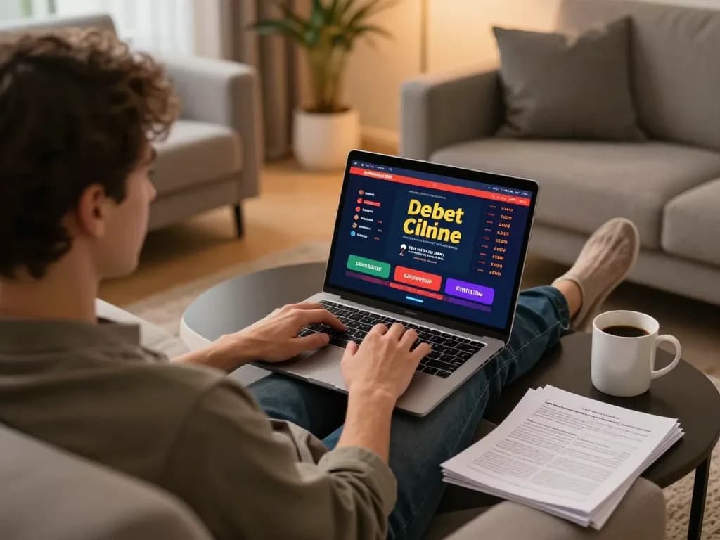 An engaged player using debet's online casino platform from a cozy living room, showcasing strategic gameplay.