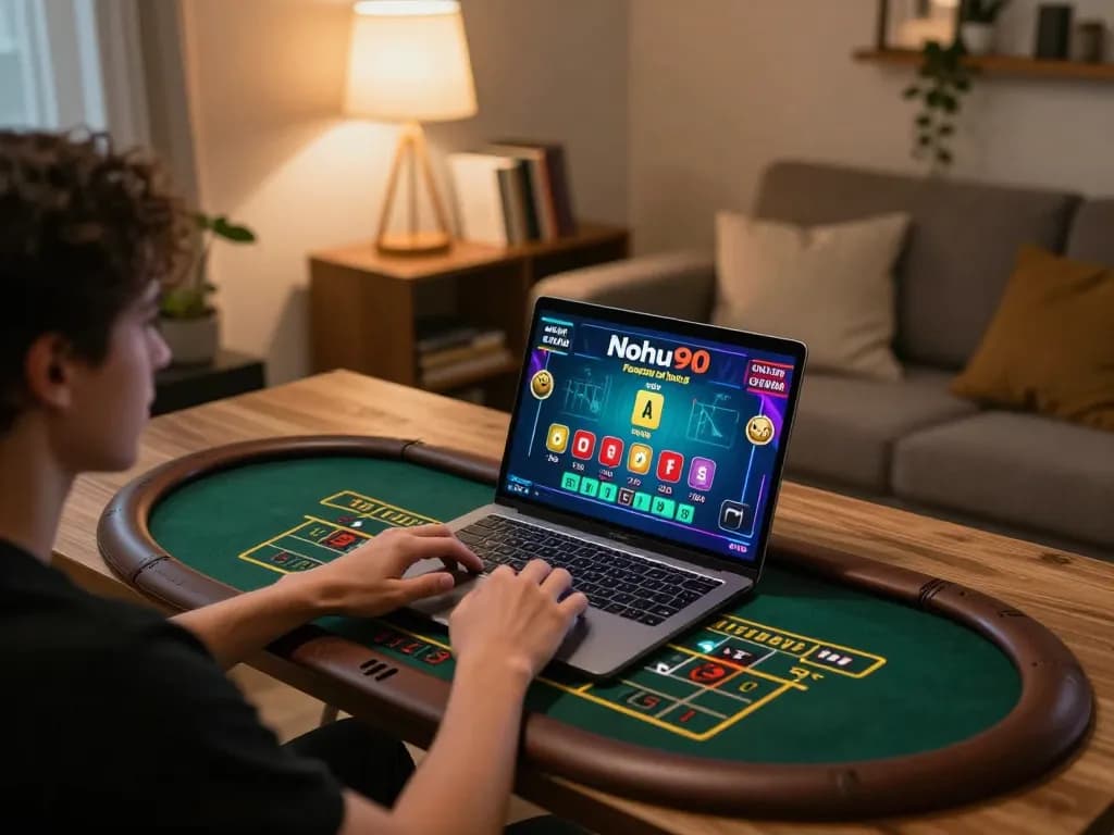 Nohu90 player engaging in a live dealer baccarat game on a laptop at home