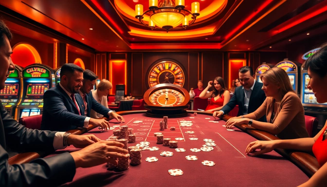 Engaging players at a lively table with cards, chips, and the exciting atmosphere of https://fly88.wtf/.