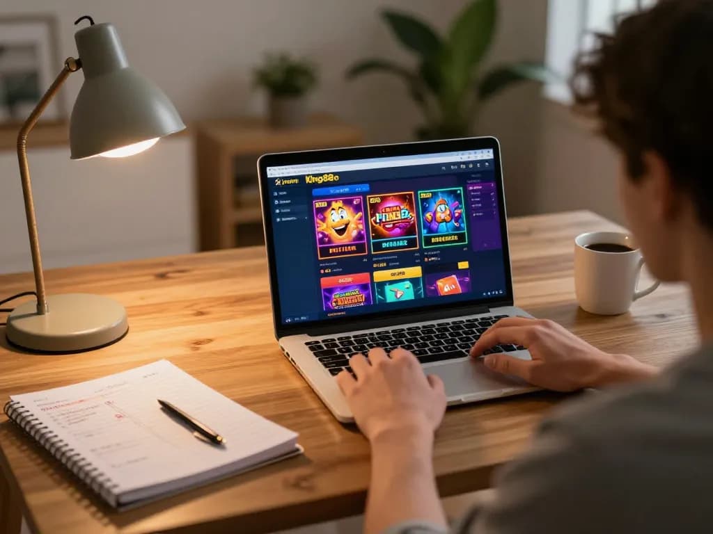Person enjoying online gaming at home with king88 com displayed on their laptop, capturing a cozy and strategic gambling atmosphere.