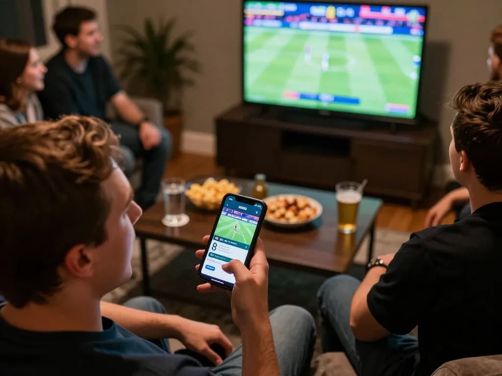 Exciting sports betting moment with friends using RR88 app to place bets on live match