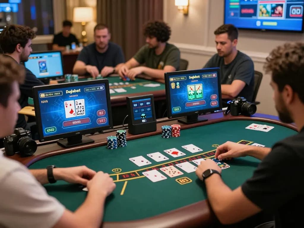 Dafabet online gamblers playing blackjack on their devices in a cozy lighting setup
