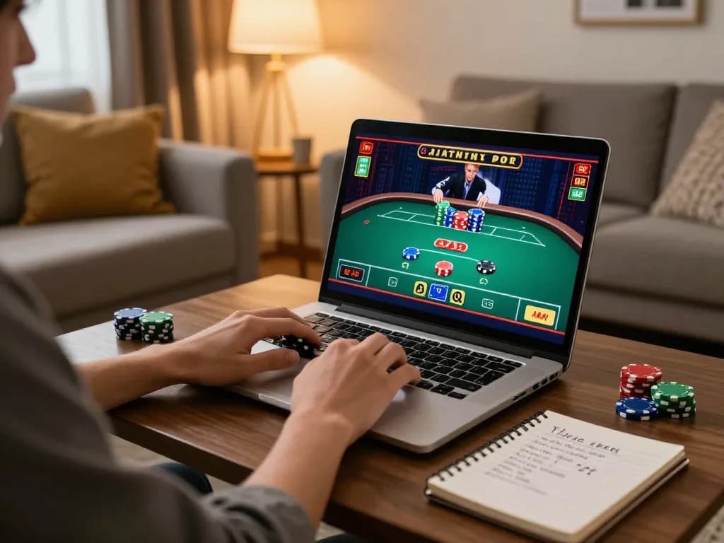 A person engaging in online casino betting at home, showcasing nha cai uy tin through strategic gameplay.