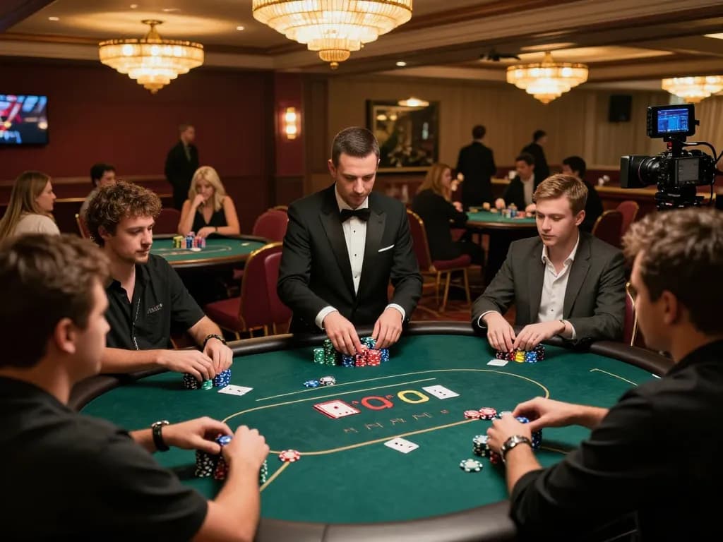 Players strategizing during a poker game at 555win casino, set in a luxurious ambiance with vibrant lighting and chips stacked.