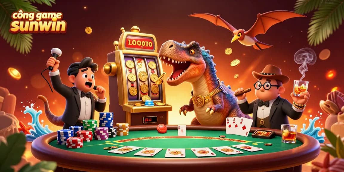 Experience thrilling wins at cổng game sunwin with animated characters celebrating jackpots and poker excitement.