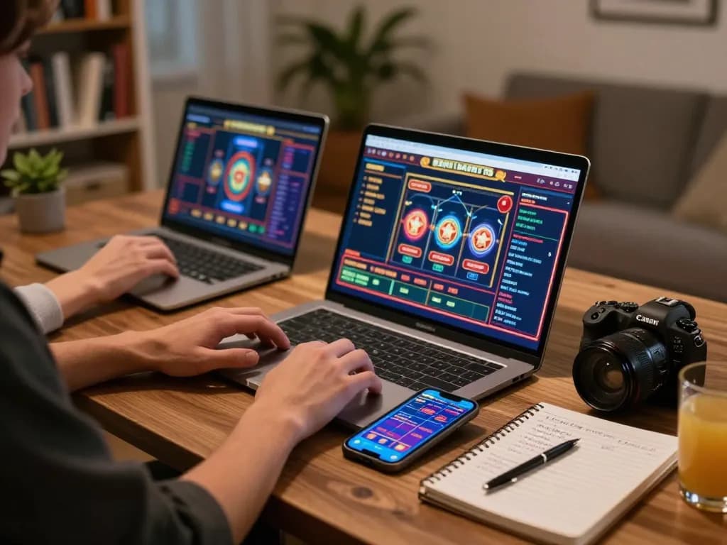 Engaged player having fun with 98win01 on laptop and smartphone in a cozy home setting.